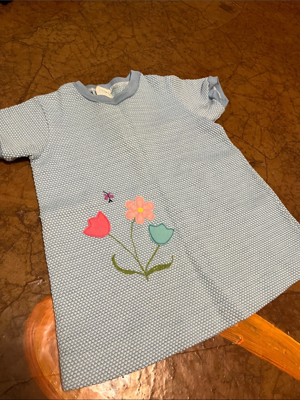 Grace Light Blue Short Sleeve Knit Dress with Floral Appliqué vintage Sz 3